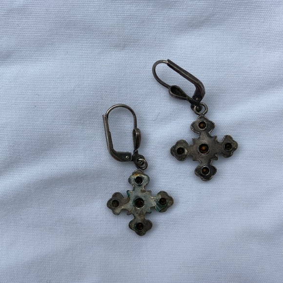 Vintage Rhinestone Cross Earrings with Antique Metal Finish - Picture 3 of 4